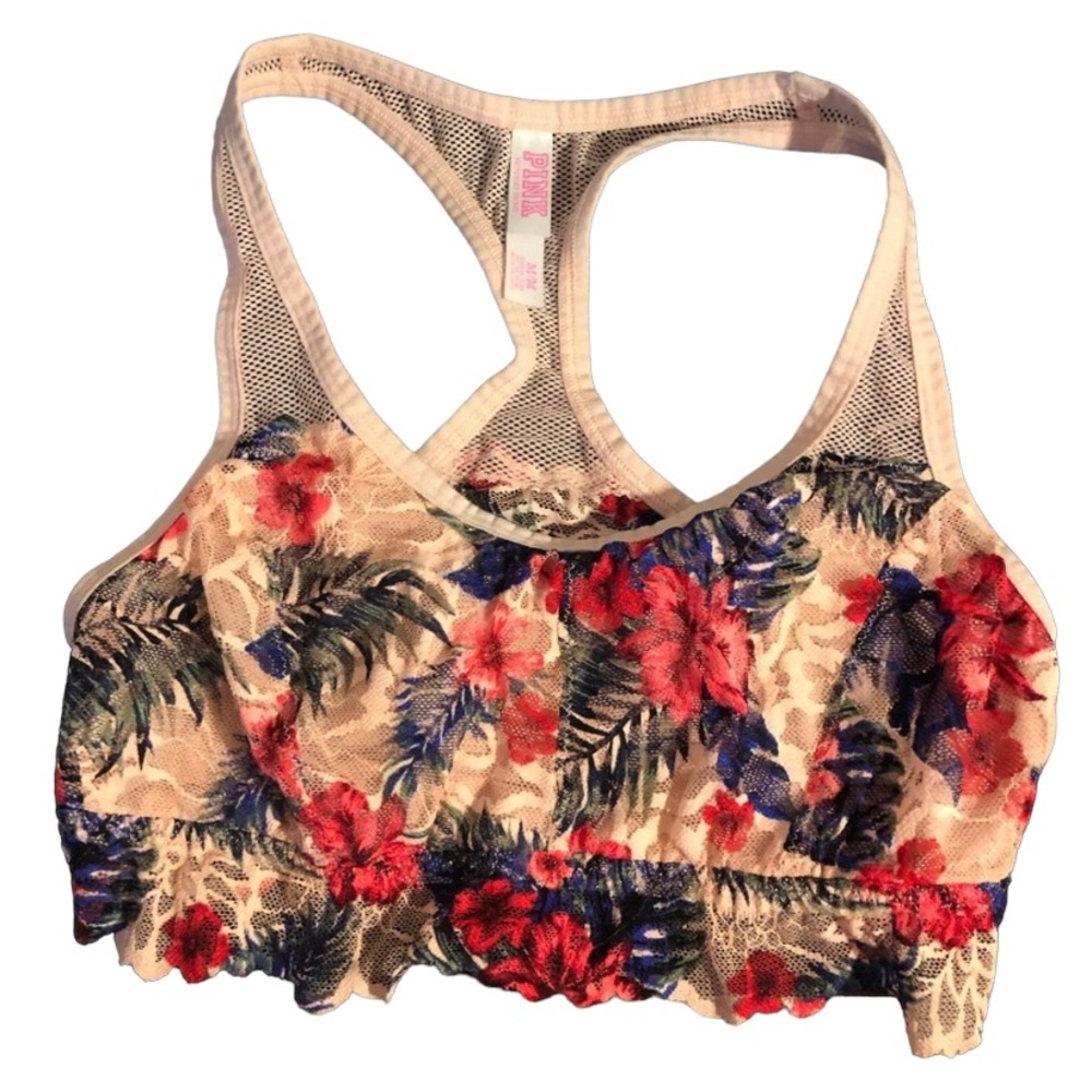 PINK Victoria's Secret Floral Mesh Racerback Sports Bra - Beige, Red, Blue